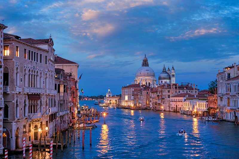 View of Venice Grand Canal and Santa Maria della Salute church in the evening